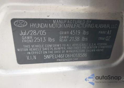 2006 Hyundai Sonata Gls V6/Lx V6 из США, поврежденный, VIN 5NPEU46F06H018586